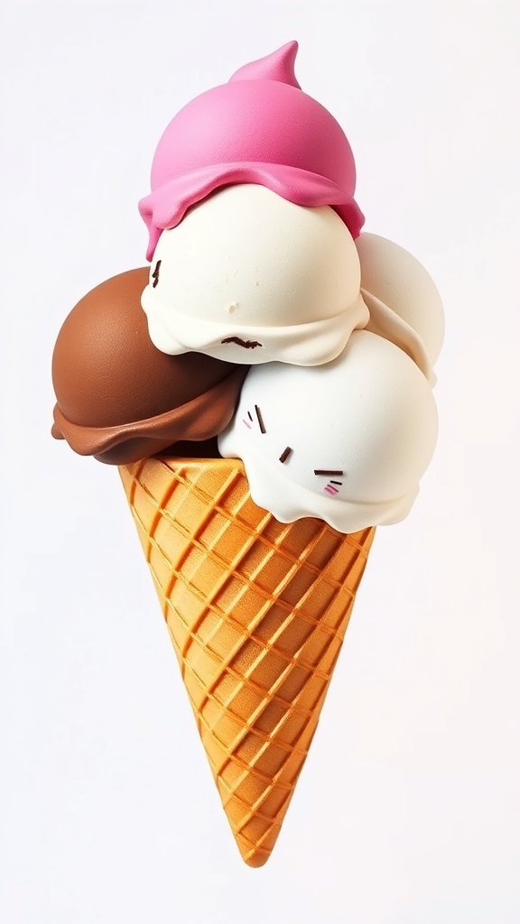 A vibrant 3D drawing of an ice cream cone with multiple scoops, highlighting shading and texture.